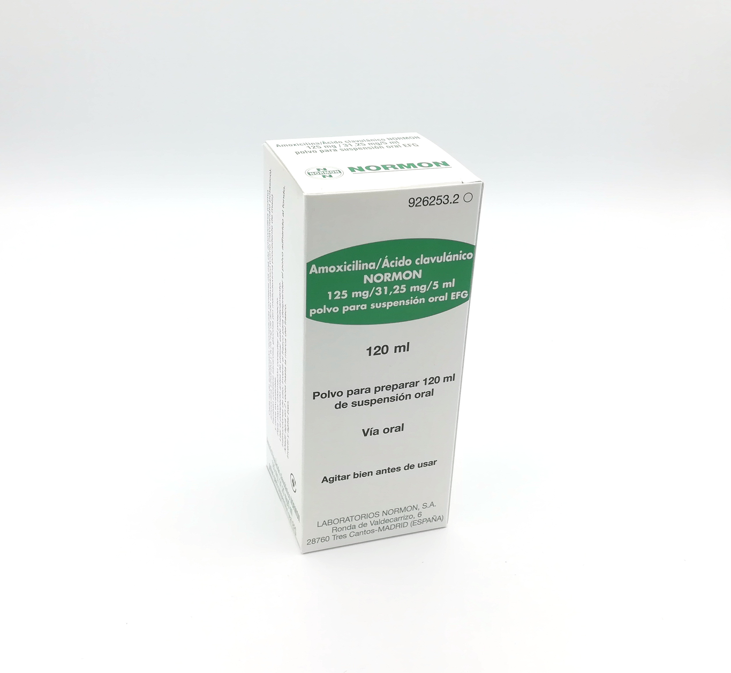 AMOXICILINA/ACIDO CLAVULANICO NORMON EFG 125 mg/5 ml + 31,25 mg/5 ml POLVO  PARA SUSPENSION ORAL 20 FRASCOS 120 ml - Farmacéuticos