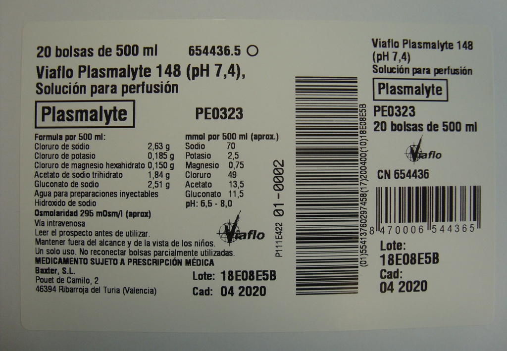 VIAFLO PLASMALYTE 148 20 BOLSAS SOLUCION PARA PERFUSION 500 ml