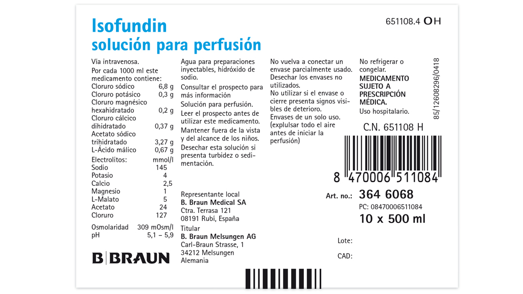 ISOFUNDIN 1 BOLSA SOLUCION PARA PERFUSION 250 ml