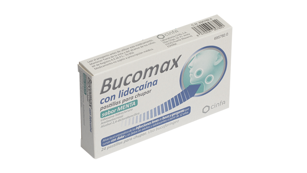 BUCOMAX CON LIDOCAINA 24 PASTILLAS PARA CHUPAR SABOR MENTA