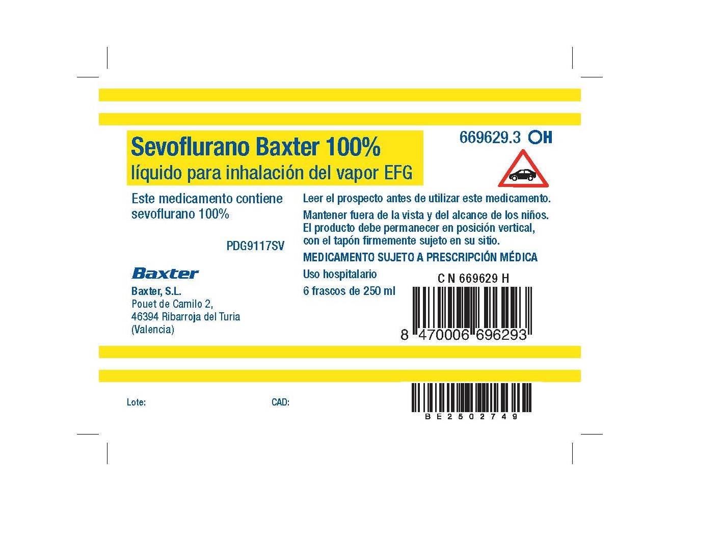 SEVOFLURANO BAXTER EFG LIQUIDO PARA INHALACION DEL VAPOR 6 FRASCOS 250 ml