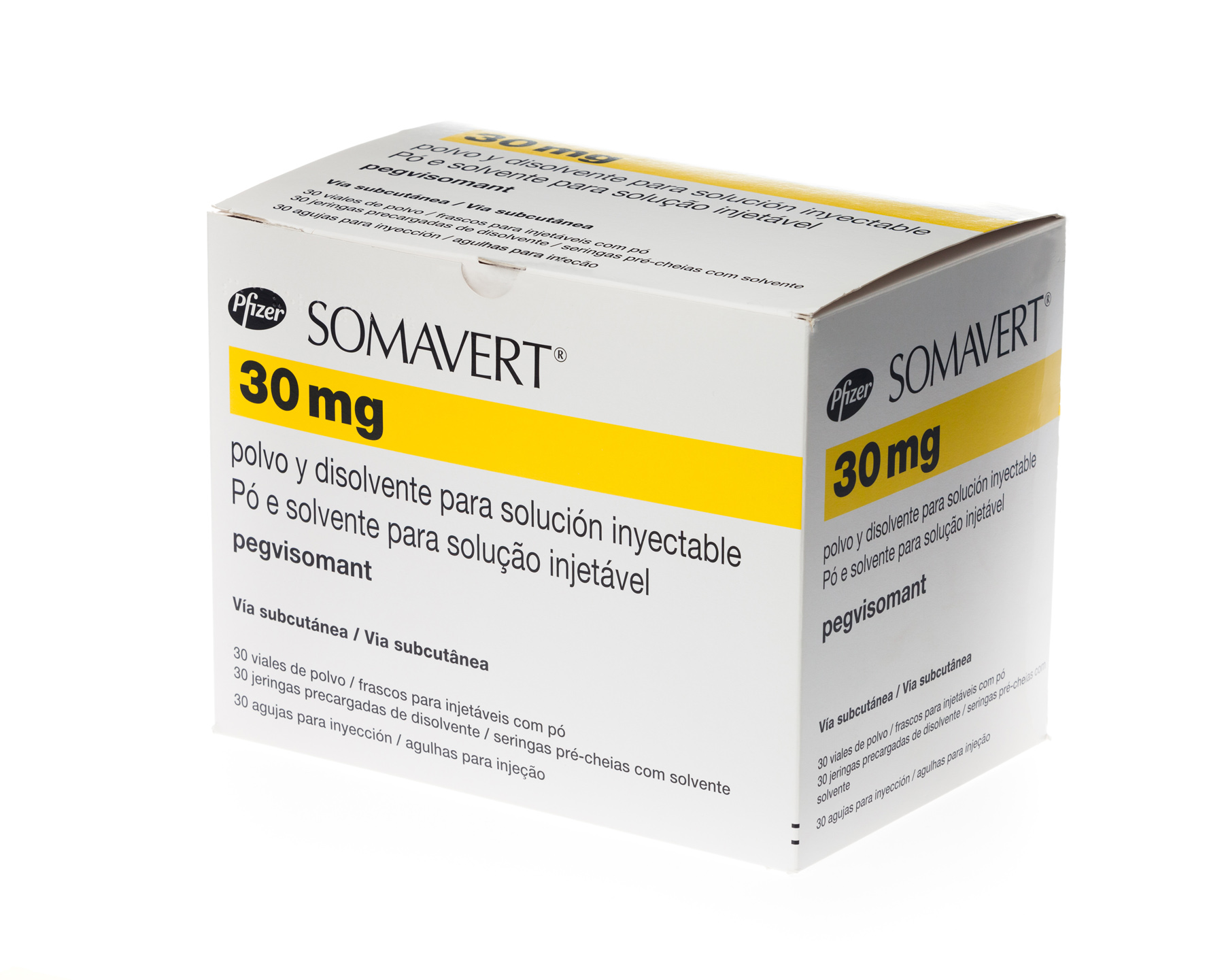SOMAVERT 30 mg 30 VIALES POLVO PARA SOLUCION INYECTABLE + 30 JERINGAS PRECARGADAS DISOLVENTE