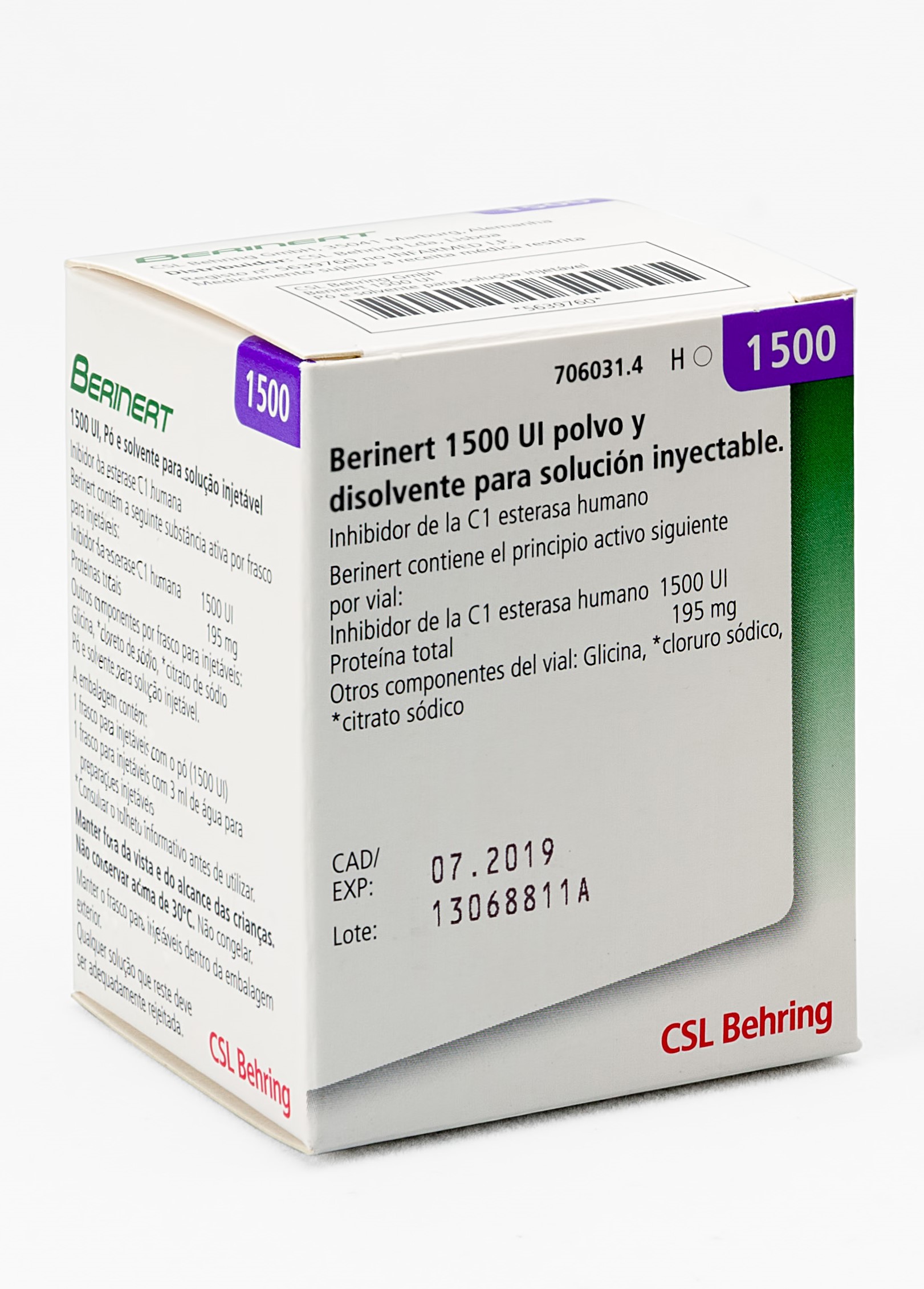 BERINERT 1500 UI 1 VIAL POLVO PARA SOLUCION INYECTABLE + 1 VIAL DISOLVENTE