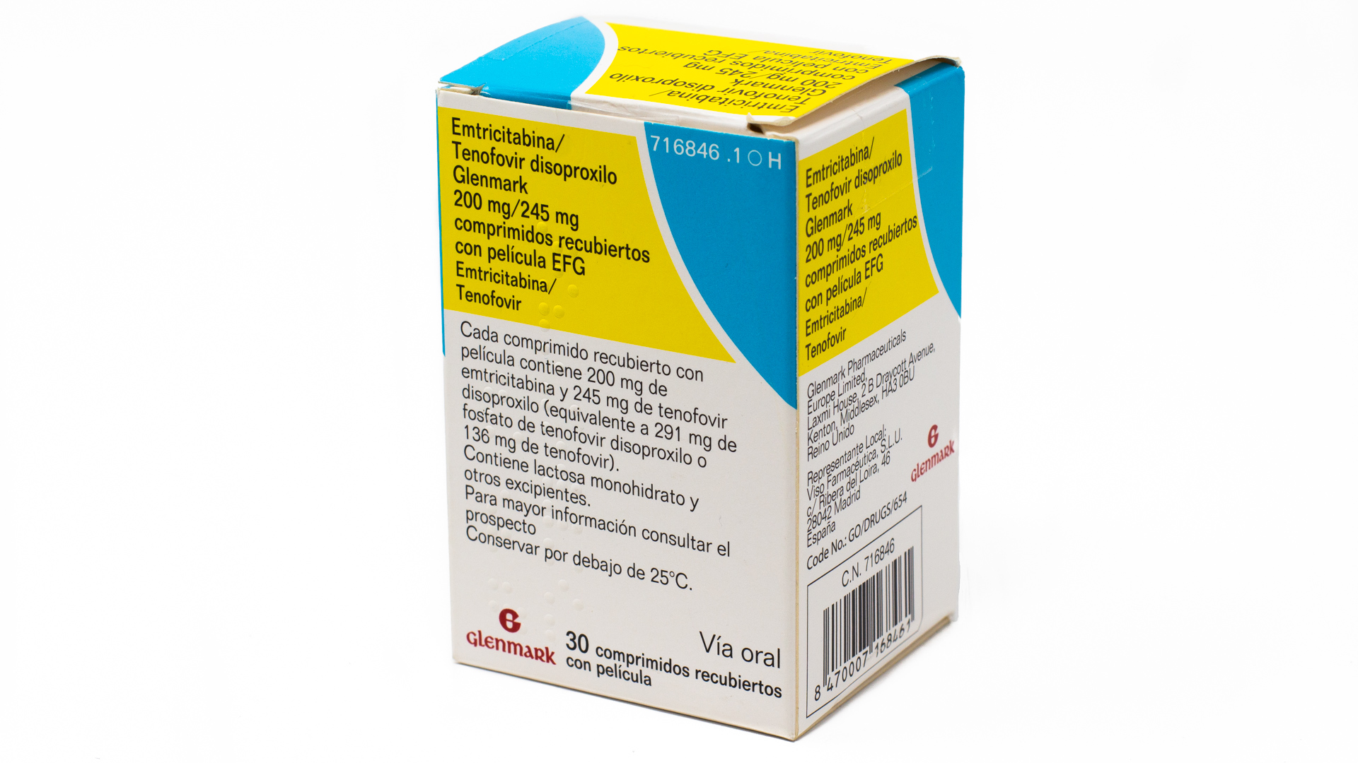 EMTRICITABINA/TENOFOVIR DISOPROXILO GLENMARK EFG 200 mg/245 mg 30 COMPRIMIDOS RECUBIERTOS