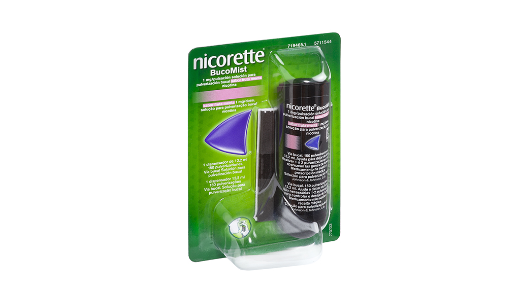 NICORETTE BUCOMIST 1 mg/PULSACION SOLUCION PARA PULVERIZACION BUCAL 1 ENVASE 13,2 ml 150 DOSIS SABOR FRUTA MENTA