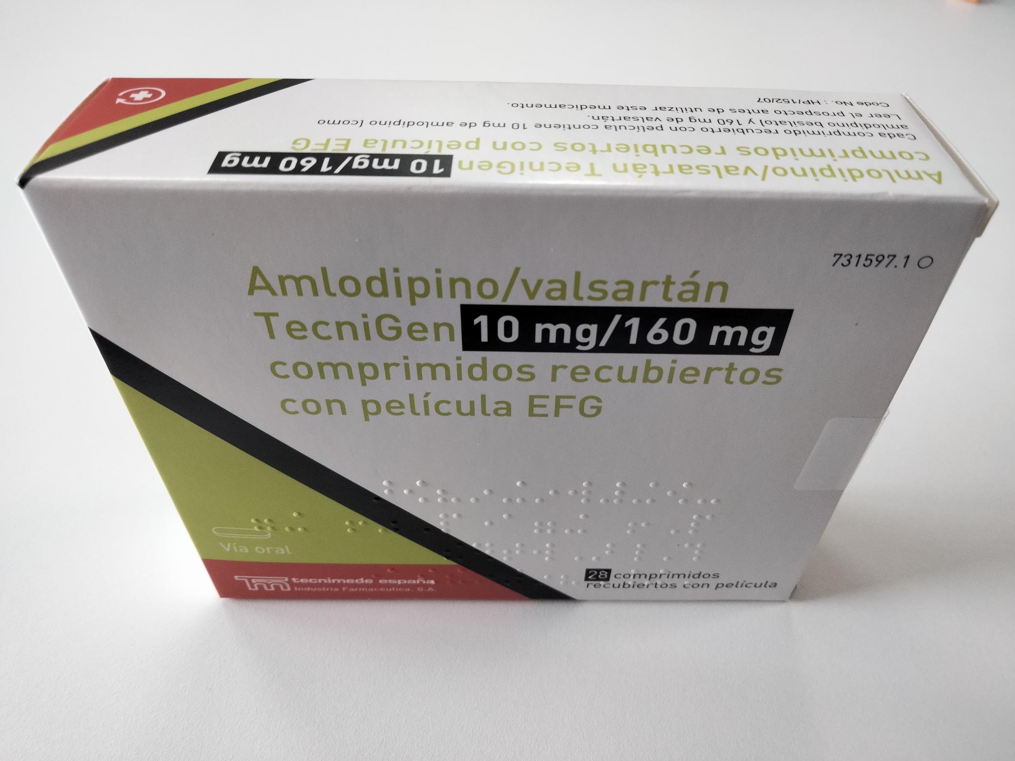 AMLODIPINO/VALSARTAN TECNIGEN EFG 10 mg/160 mg 28 COMPRIMIDOS RECUBIERTOS