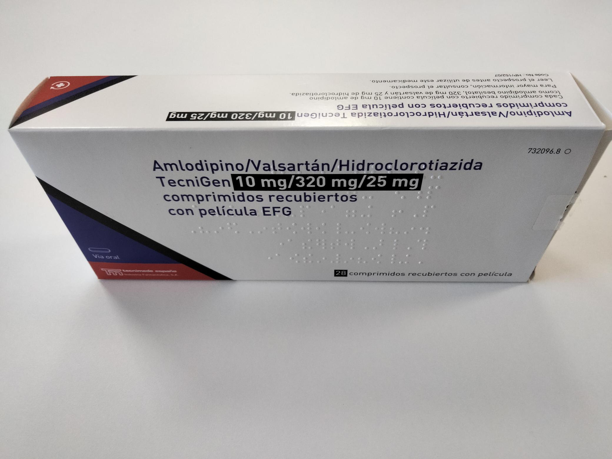 AMLODIPINO/VALSARTAN/HIDROCLOROTIAZIDA TECNIGEN EFG 10 mg/320 mg/25 mg 28 COMPRIMIDOS RECUBIERTOS