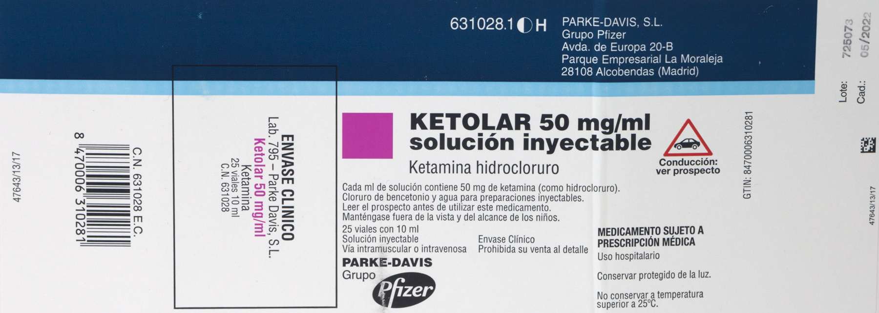 KETOLAR 50 mg/ml 1 VIAL SOLUCION INYECTABLE 10 ml